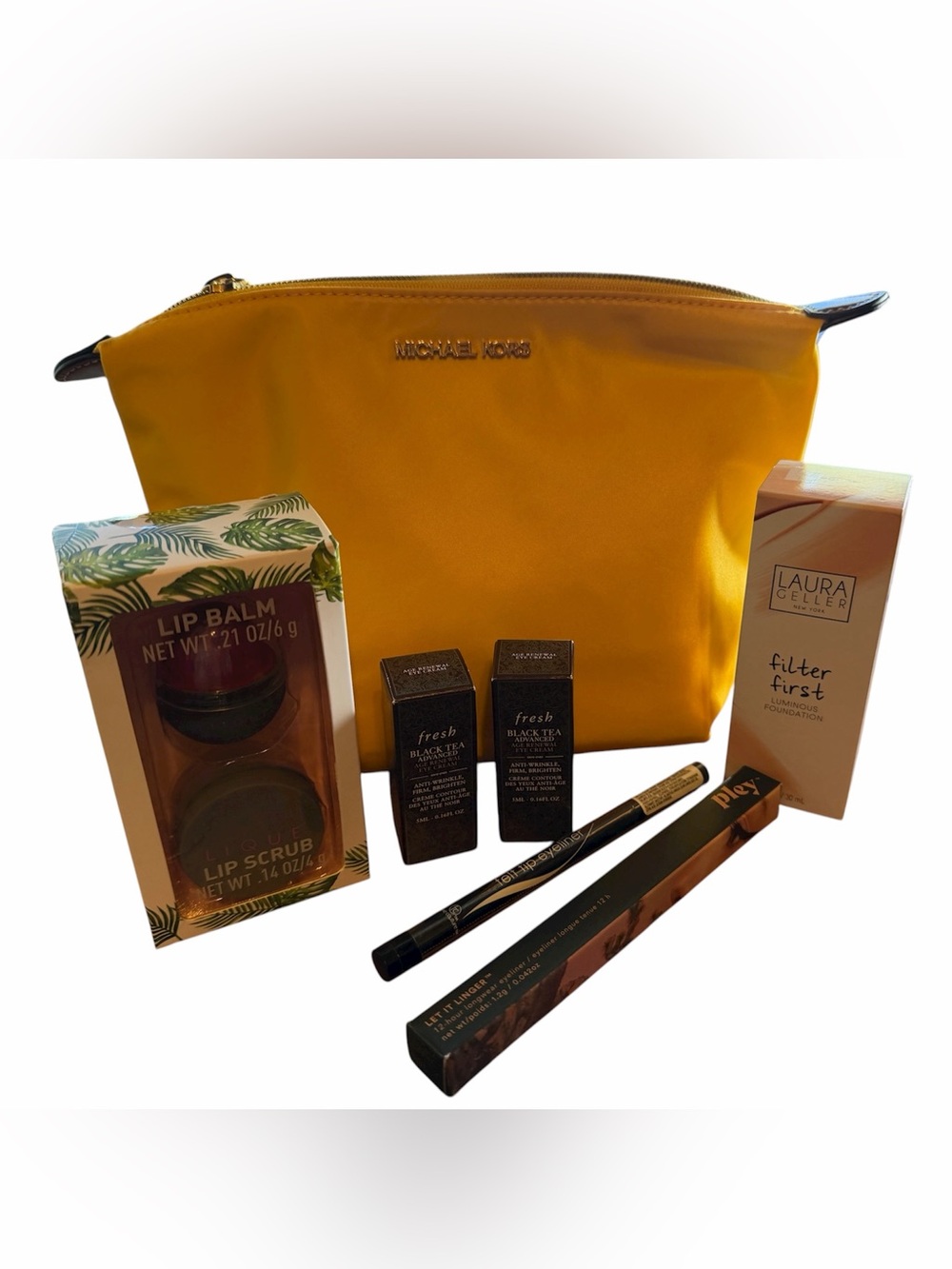 Michael Kors Yellow Cosmetic Pouch with Face Care Set